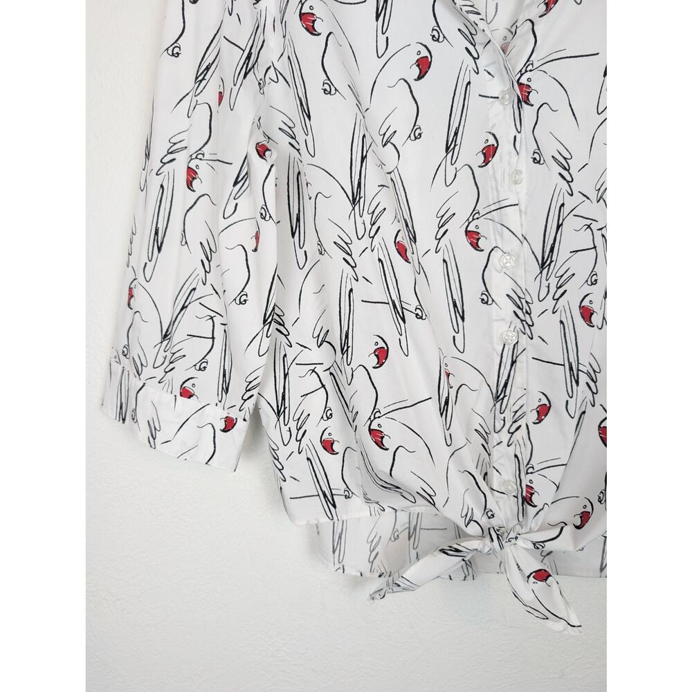 Chicos Top Amazon Parrots Print Tie Front Popover Alabaster Novelty White Size M - Picture 3 of 10